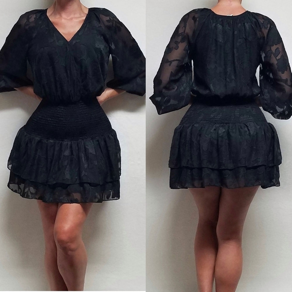 Vestique Black Floral Embossed Shirred Tiered Ruffle Surplice Mini Dress M